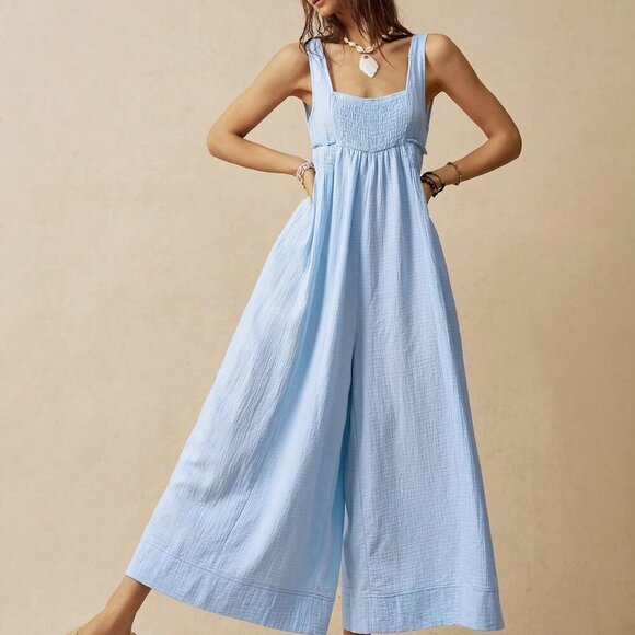 Pants - Baby Blue Casual Women's Wide Strap Loose Jumpsuit